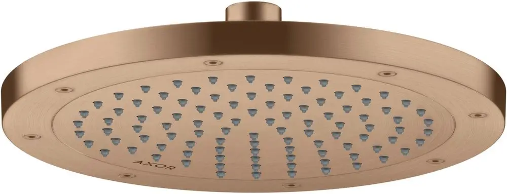Kopfbrause von AXOR in gebürstetem Rotgold, rund mit zahlreichen Auslassdüsen für den Wasserstrahl, montierbar an der Decke oder Wand.